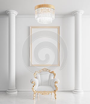 Luxury classic living room interior design with stylish armchair. White wall and gold details 3d render