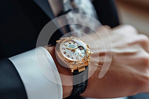 Luxury close up man adjusts gold watch, showcasing mens fashion