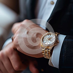 Luxury close up man adjusts gold watch, showcasing mens fashion