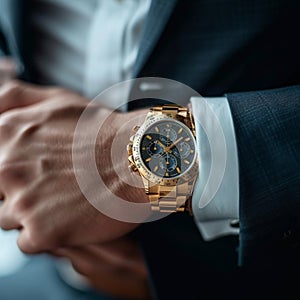 Luxury close up man adjusts gold watch, showcasing mens fashion