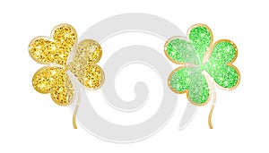 Luxury clover leaves with glitter texture and gold edging on a white background