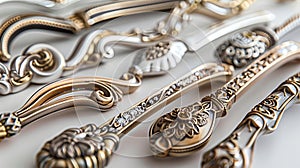 Luxury collection of furniture handles with ornamental designs. Elegant door handles adorned with filigree and jewels