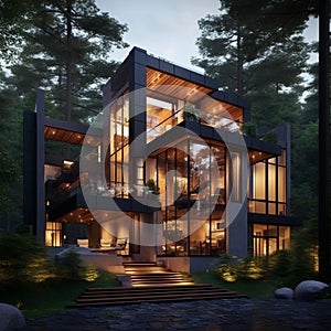 A luxury contemporary 3 story house in a forest