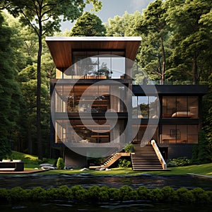 A luxury contemporary 3 story house with a garden pond in a forest