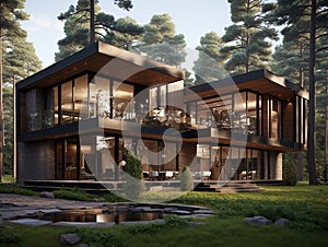 A luxury contemporary 3 story house with a garden pond in a forest