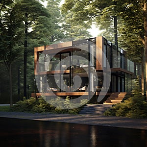 A luxury contemporary 3 story house with a garden pond in a forest