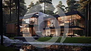 A luxury contemporary 3 story house with a garden pond in a forest