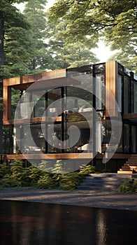 A luxury contemporary 3 story house with a pond in a forest