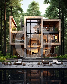 A luxury contemporary 3 story house with a swimming pool in a forest