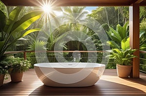 luxury contemporary bath tub on a wooden deck, outdoor house or villa terrace in tropics
