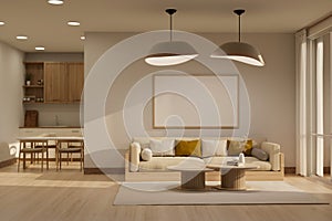 Luxury contemporary living room interior design in white and wood style with a kitchen in the back