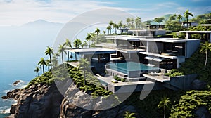 Luxury contemporaty villa on a mountain hill with a view on ocean. Generative AI