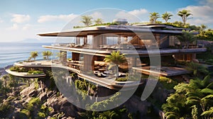 Luxury contemporaty villa on a mountain hill with a view on ocean. Generative AI