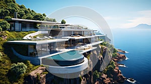 Luxury contemporaty villa on a mountain hill with a view on ocean. Generative AI