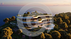 Luxury contemporaty villa on a mountain hill with a view on ocean. Generative AI