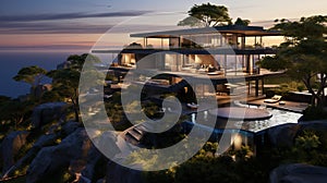 Luxury contemporaty villa on a mountain hill with a view on ocean. Generative AI