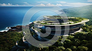 Luxury contemporaty villa on a mountain hill with a view on ocean. Generative AI