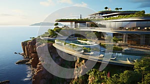 Luxury contemporaty villa on a mountain hill with a view on ocean. Generative AI