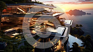 Luxury contemporaty villa on a mountain hill with a view on ocean. Generative AI