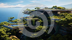 Luxury contemporaty villa on a mountain hill with a view on ocean. Generative AI