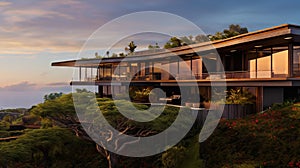 Luxury contemporaty villa on a mountain hill with a view on ocean. Generative AI