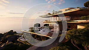 Luxury contemporaty villa on a mountain hill with a view on ocean. Generative AI