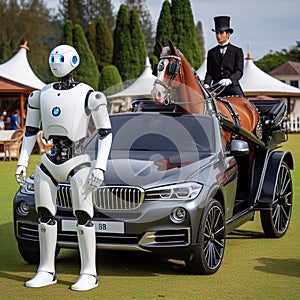 Luxury converted custom carriage from german sedan as travel wagon caravan, driven by robot butler, pulled by brown strong horse,