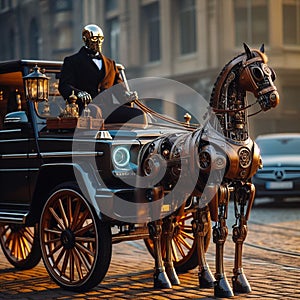 Luxury converted custom carriage from german sedan as travel wagon caravan, driven by robot butler, pulled by brown strong horse,