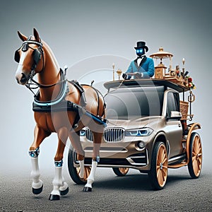 Luxury converted custom carriage from german sedan as travel wagon caravan, driven by robot butler, pulled by brown strong horse,