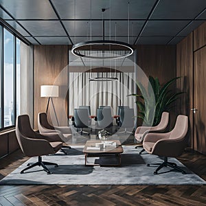 Luxury corporate office room with empty seats, elegant decoration