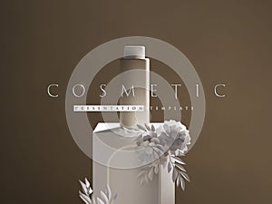 Luxury cosmetic bottle branding showcase template with podium and decorative flower