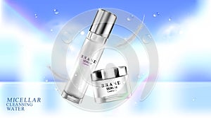 Luxury cosmetic Bottle package skin care cream, Beauty cosmetic product poster, with rainbow and sea background