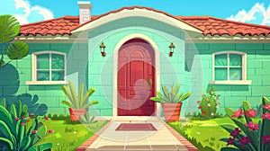 A luxury cottage house facade, an exterior of green brick, a red wooden arched door, a rug at the doorstep, a path down