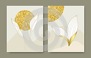 Luxury cover design template. Tropical line arts hand draw gold exotic flower and leaves. Design for packaging design