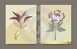 Luxury cover design template. Tropical line arts hand draw gold exotic flower and leaves. Design for packaging design