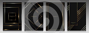 Luxury cover set, black and gold design. Abstract geometric pattern with metallic glowing lines. Vector collection.