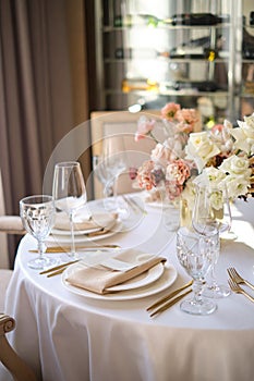 Luxury cozy autumn wedding table decoration in the restaurant. Fresh and dried flowers, roses, carnations. Beautiful table setting