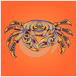 Luxury crab with traditional engraved ornament logo illustrations