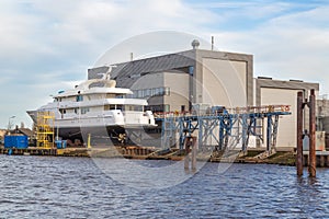 Luxury cruise boat at a shipyard in the Netherlands