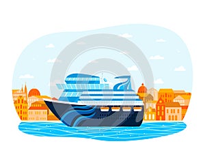 Luxury cruise liner, water tourism, floating boat in sea, reliable transport for travel, design cartoon style vector