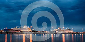 Luxury cruise liners at Saint Petersburg sea port night view