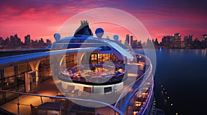 Luxury cruise ship boasting stunning balcony and downtown skyline view, AI-generated.