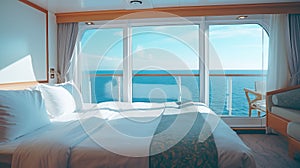 Luxury cruise ship cabin offers comfortable accommodations.AI Generated