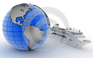 Luxury cruise ship on globe background