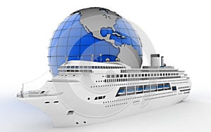 Luxury cruise ship on globe background