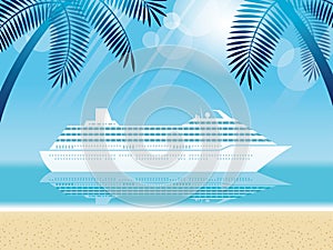 Luxury Cruise Ship On The Ocean Off The Coast Of Tropical Beach.