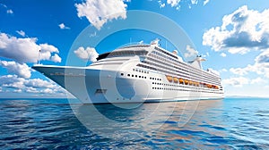 Luxury Cruise Ship Sailing the Blue Ocean Under Clear Sky. Vacation Travel Concept. Recreational Voyage by Sea. Tourist