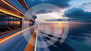 Luxury cruise ship sailing on a calm ocean at dusk, passengers visible on deck