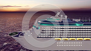 Luxury cruise ship sailing from the port at sunrise across the ocean. Beautiful summer background. 3D Rendering