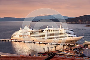 Luxury cruiser in the Mediterranean harbour during the evening golden hour